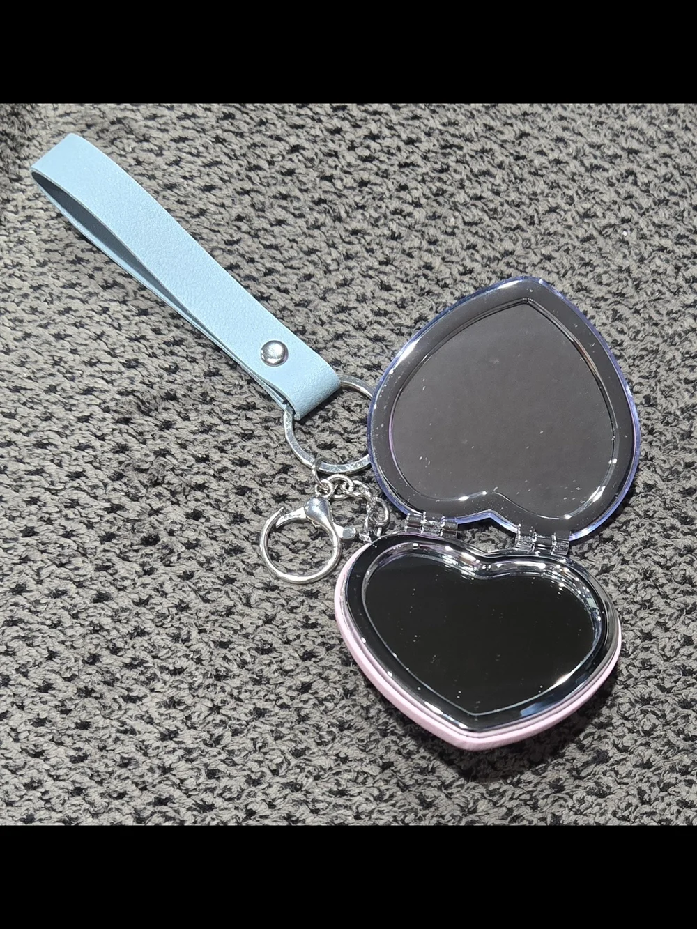 Double Sided Compact Mirror Blue Glitter Keychain Wristlet Heart Shaped